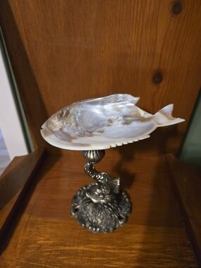 Carved Mother-of-Pearl Fish Shell On Pewter Koi Fish Stand